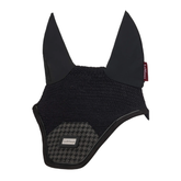 Black horse ear bonnet with checkered pattern on a white background
